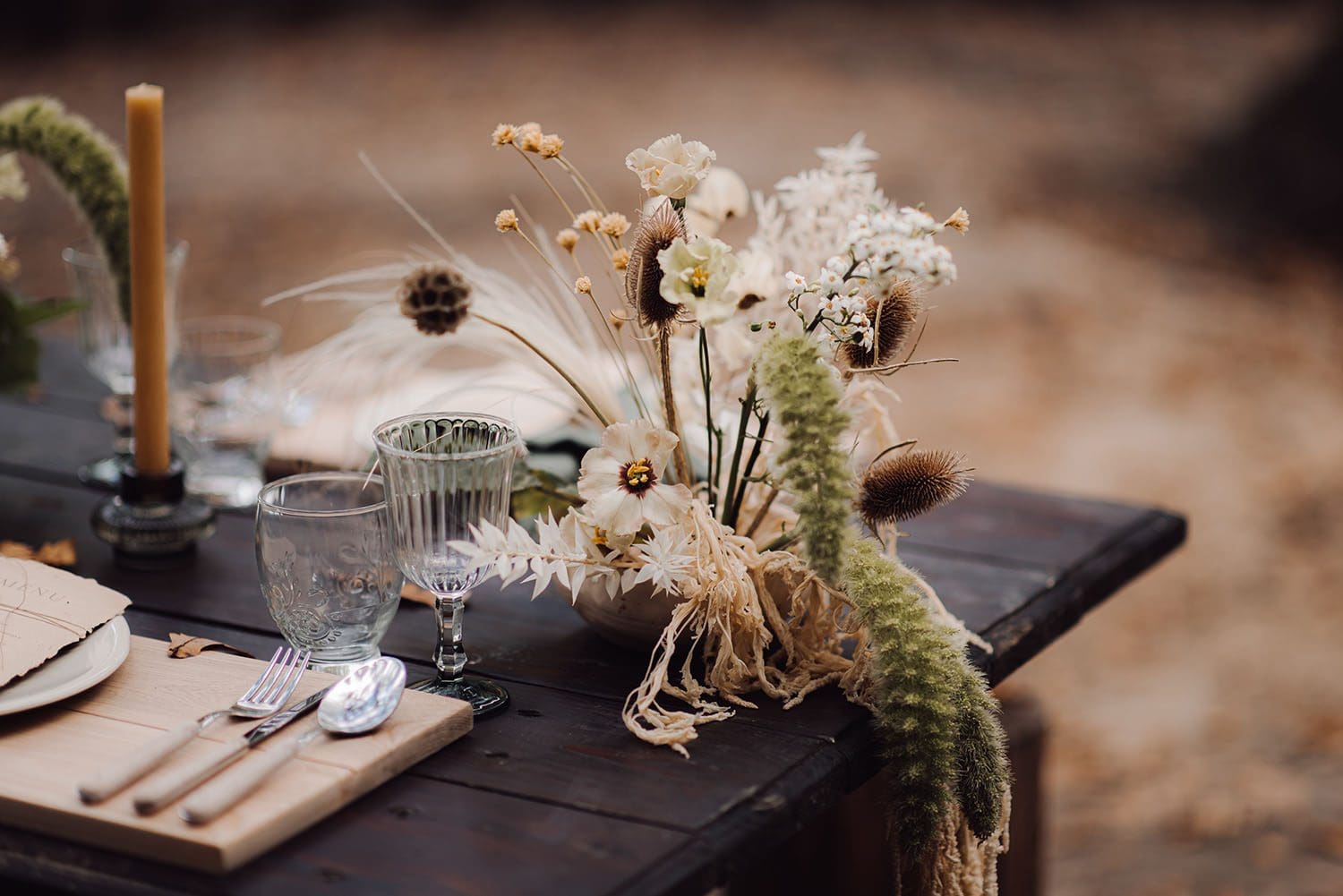 Beautifully designed wedding table in the forest.