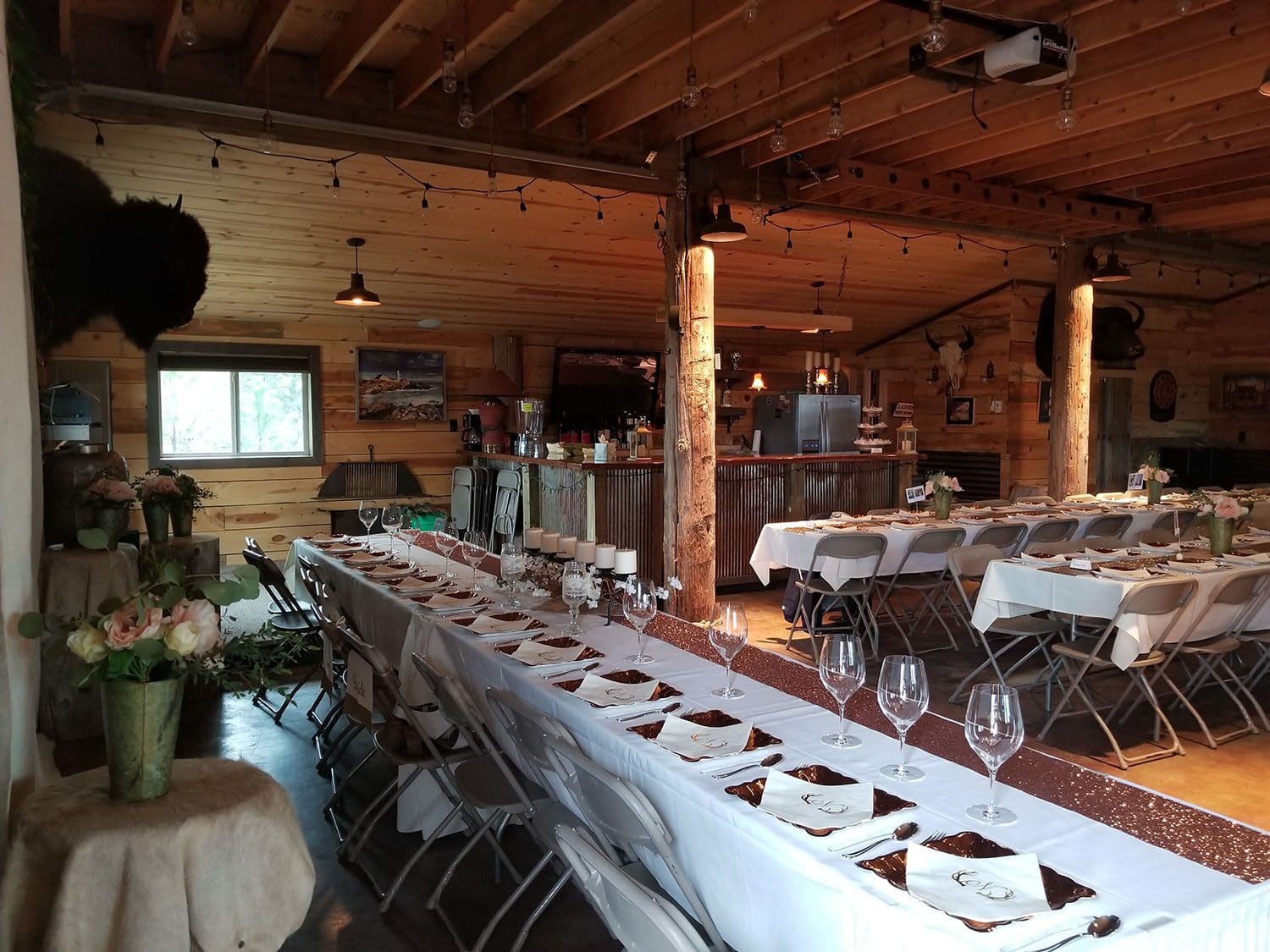 Inside view of THE UPB with tables and seating setup and decorated.